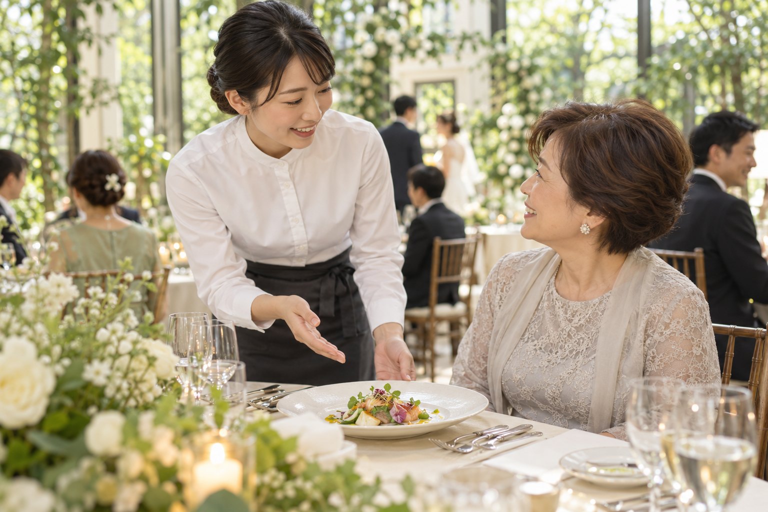ウェディングのゲストに料理を丁寧に案内するスタッフ