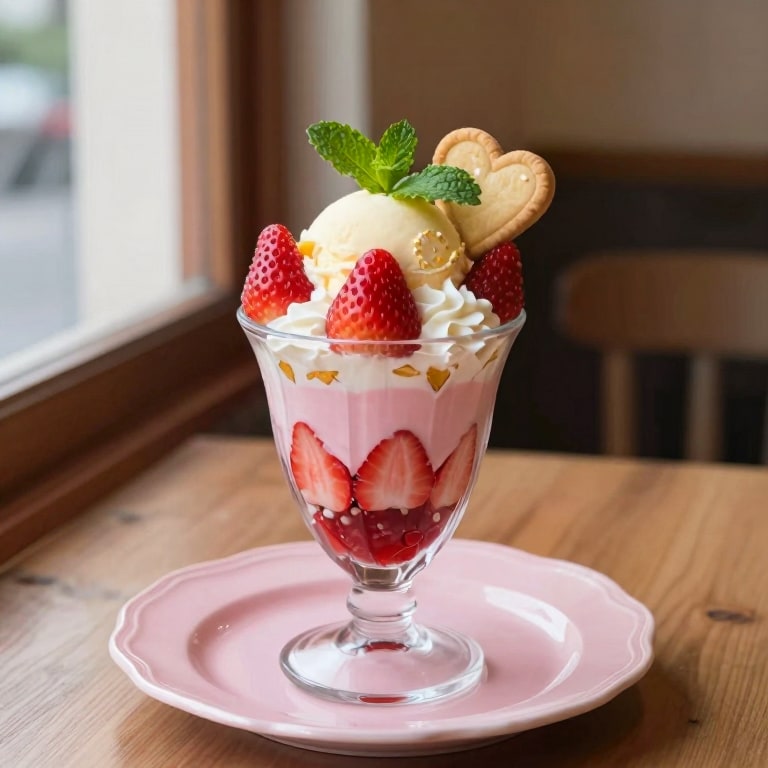 いちごとクリームを重ねた、ハート形のクッキー付きパフェのイメージ画像