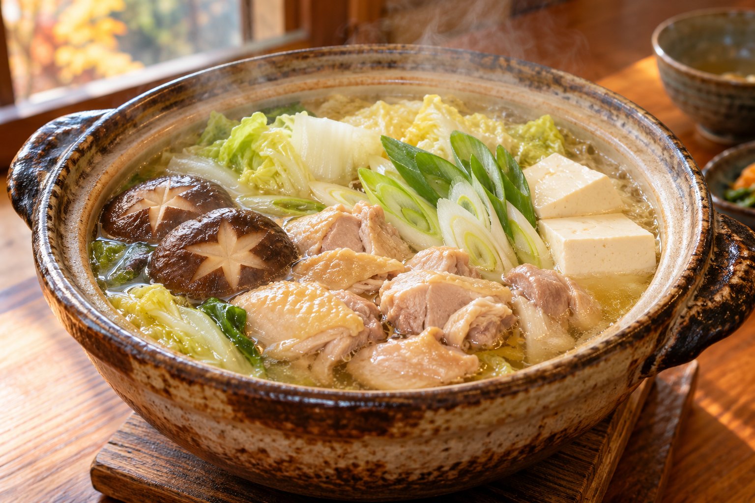 鶏肉、白菜、しいたけ、豆腐、ねぎが入った温かいお鍋の具材の寄り写真