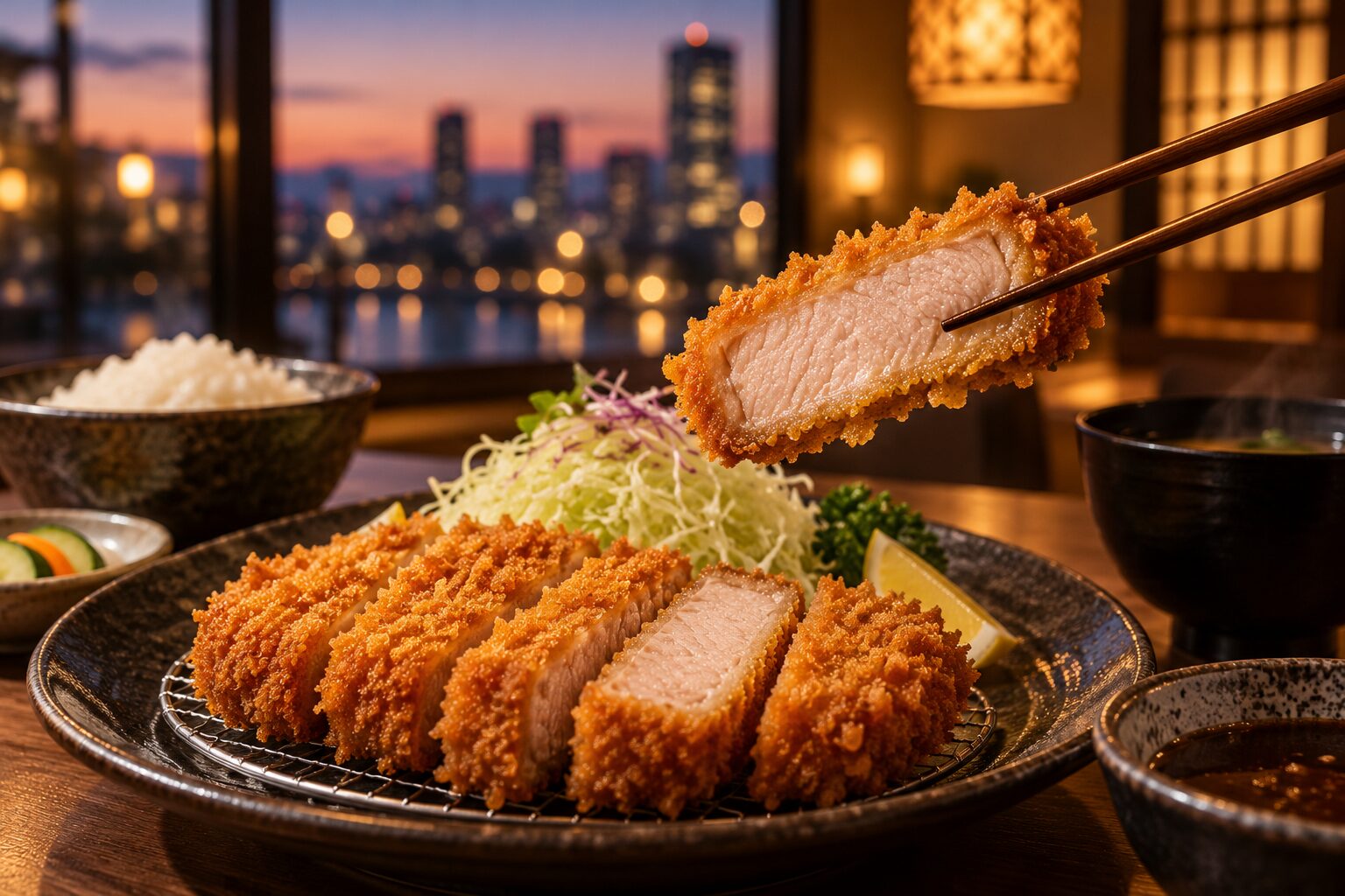 夕べの落ち着いた光の中でとんかつを味わうイメージ