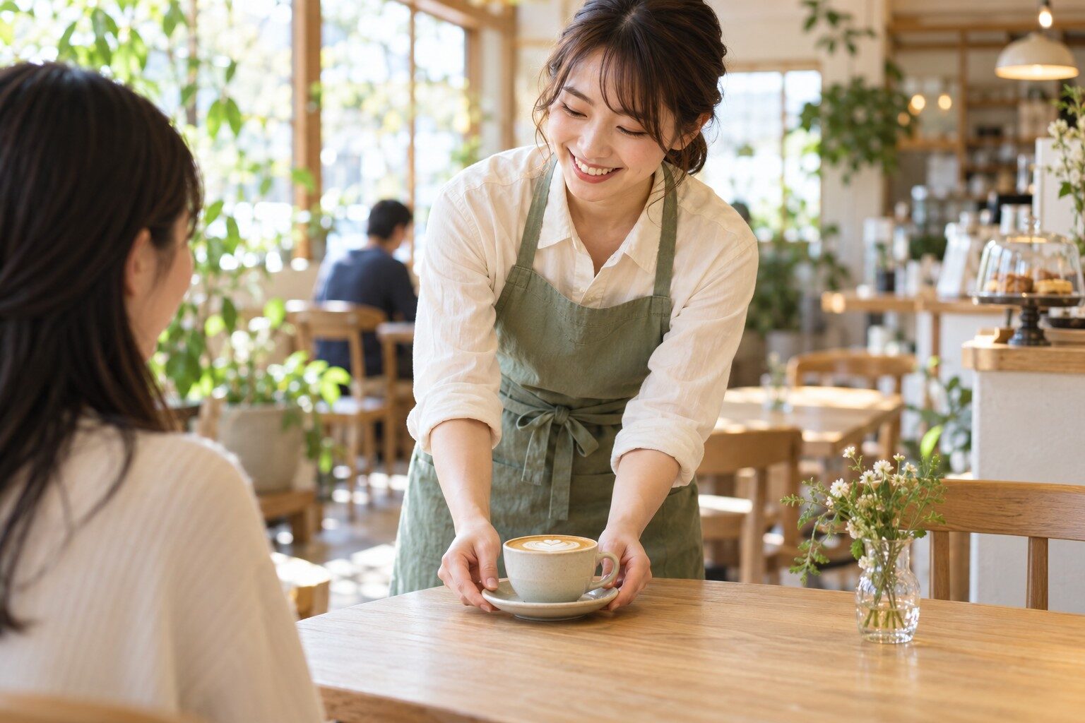 笑顔のスタッフがカフェラテを丁寧に提供する様子