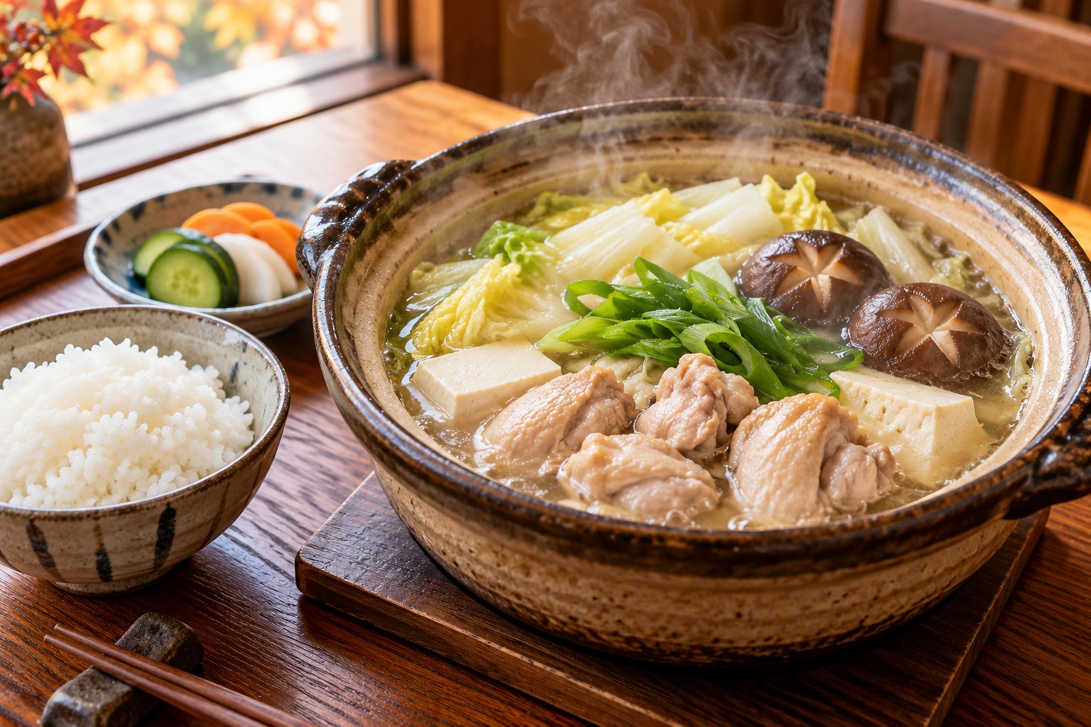 鶏肉、白菜、しいたけ、豆腐が入った湯気の立つ一人鍋と、ごはん、香の物